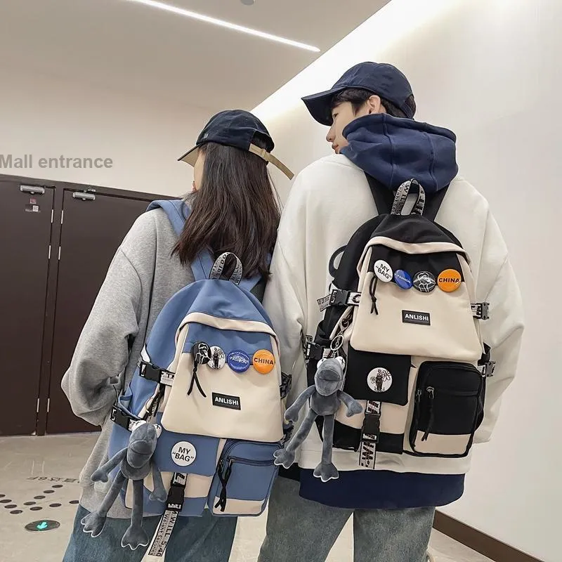 Single Warehouse Nylon Backpack Unisex Gray/Blue/Black & White/Black-15