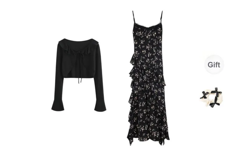 CPAURA Two Piece Skirt Sets Women's Clothing Sets Camisole+Cardigan+Bowknot Hair Tie Comes With-0