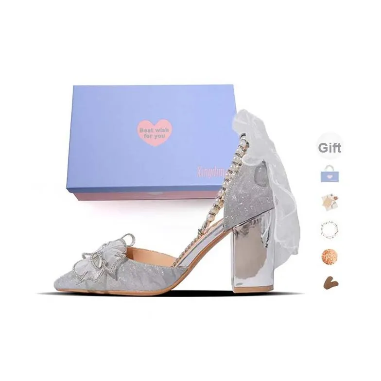 Xingdiman Грубый каблук Высокие каблуки 8 см Женские Серебряные [Подарочный набор в коробке]