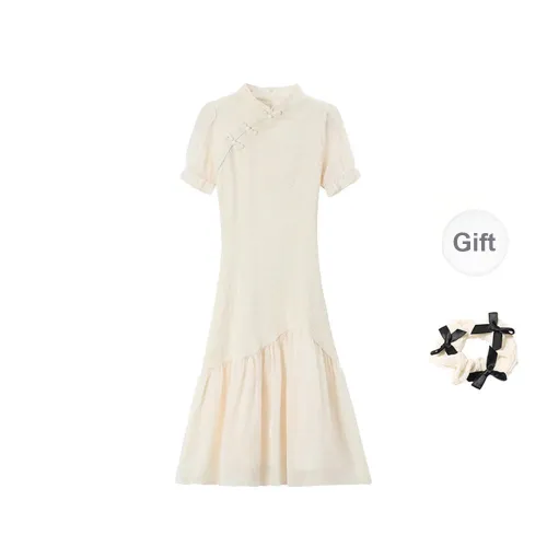 TORIGHT Short Sleeved Dress Women's Apricot+Bowknot Hair Tie Comes With