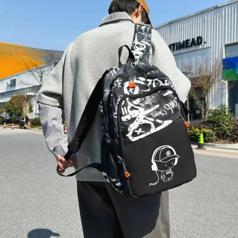 AIBAG Nylon Backpack Unisex Black/White/Blue-3