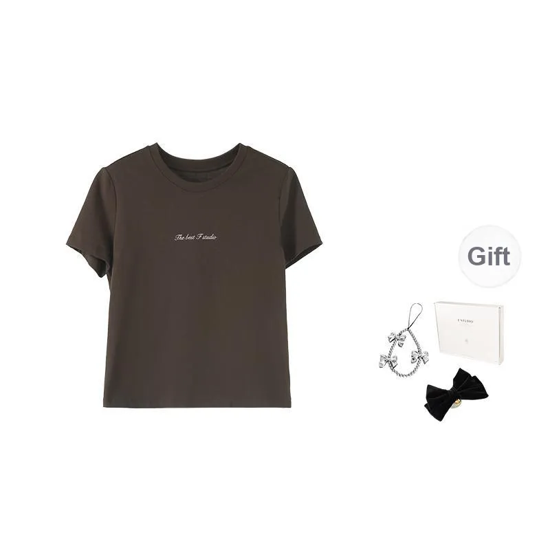 Fstudio Korean Style Textured Outfit Vintage Letter Short Sleeved T Shirts Women's-0