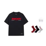 두카티 티셔츠와 1쌍의 블랙, 화이트, 레드 양말