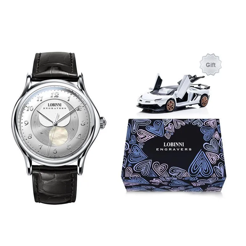 LOBINNI L Mechanical Movement Genuine Leather Strap Watch Men's Watches Black Dial-10