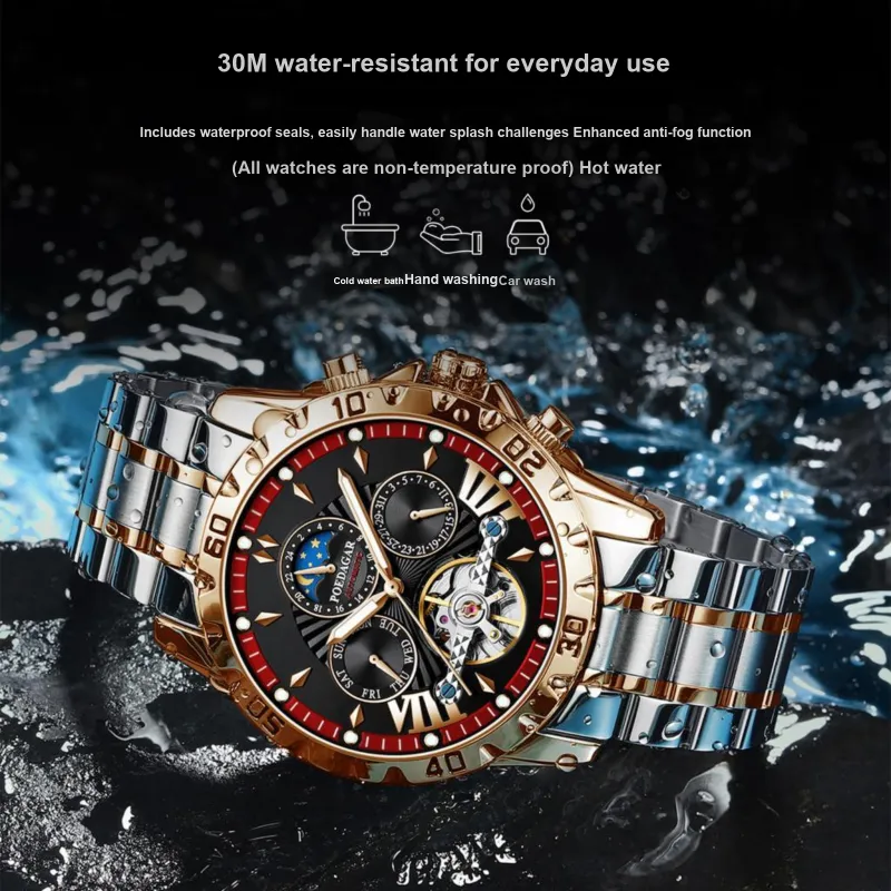 POEDAGAR Automatic Mechanical Movement Stainless Steel Watchband Watch Men's Watches Black Dial-12