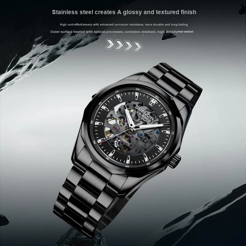 GUANQIN Automatic Mechanical Movement Stainless Steel Watchband Watch Men's Watches Black Dial-7