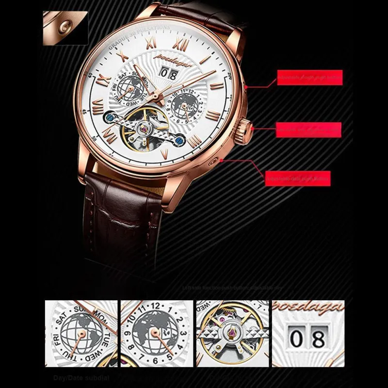 POEDAGAR Automatic Mechanical Movement Leather Strap Watch Men's Watches Gold Dial-2