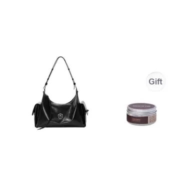 GROTTO Vegetable Tanned Pleated Sheepskin Shoulder Bag Unisex Classic Black, Antique Gold/Bright Silver