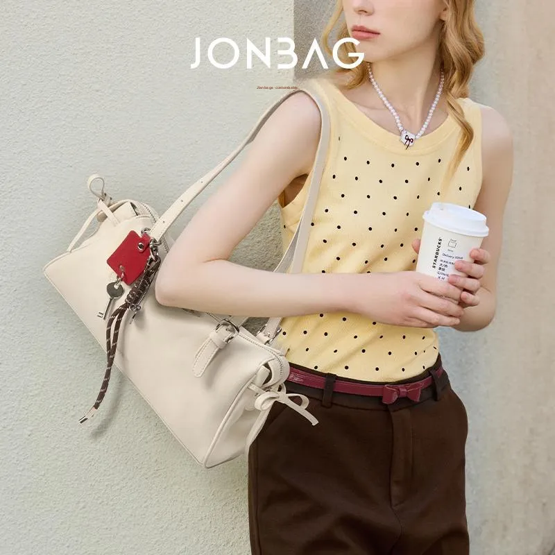 JONBAG Synthetic Leather Shoulder Bag Women's Milk White/Burgundy Brown-1