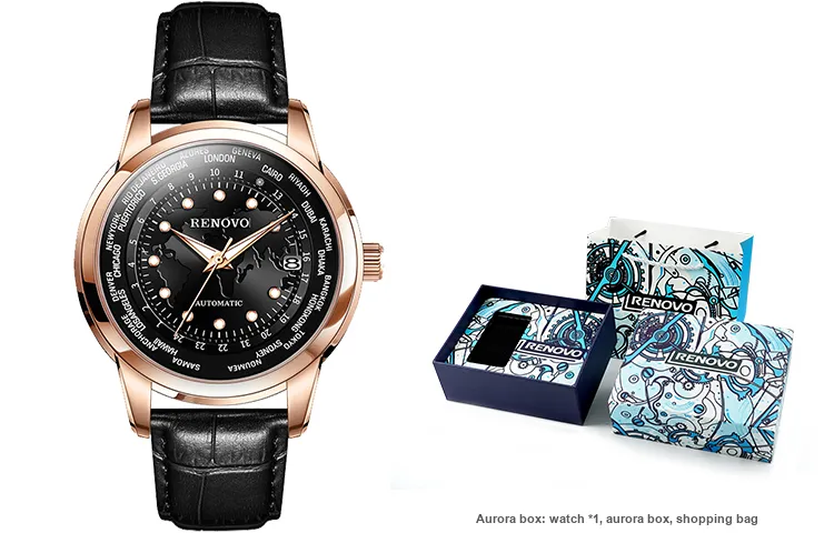 RENOVO Star Collection Mechanical Movement Leather Watch Bands Watch Men's Watches Black Dial-1