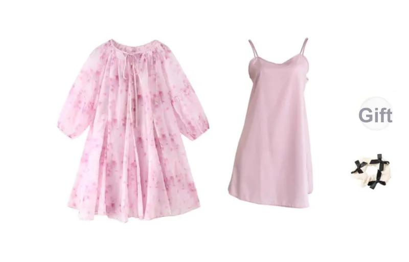 TURN UP Dress Women's Set Cherry Blossom Pink Two Piece Set+Bowknot Hair Tie Comes With-0