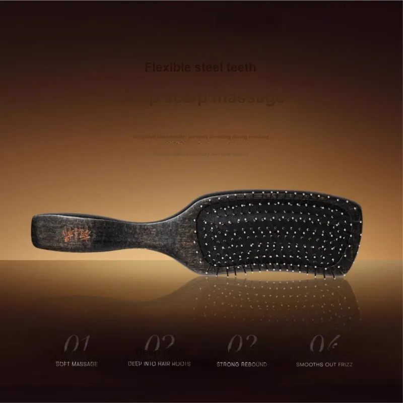 ZHIPU Beech Wood Steel Needle Air Cushion Comb Long Handle Curved Shape, Ergonomically Fitted To Head Form-2