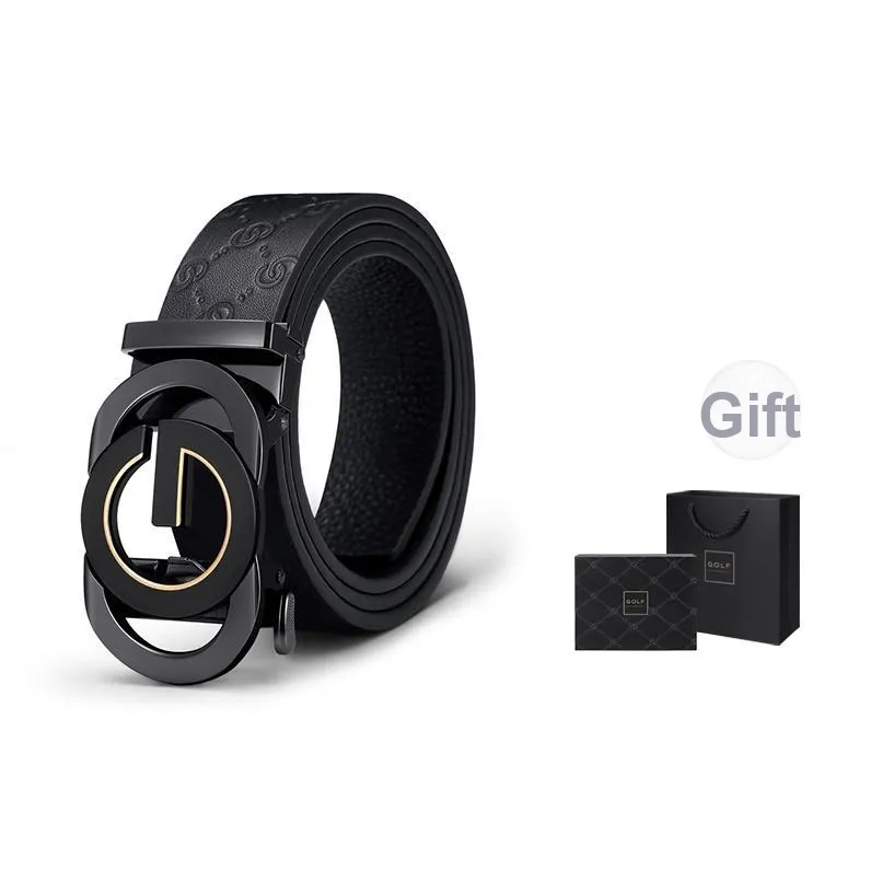 GOLF Top Grain Cow Leather Automatic Buckle Belt Men's Black Gold/Black Silver Width 3.5CM