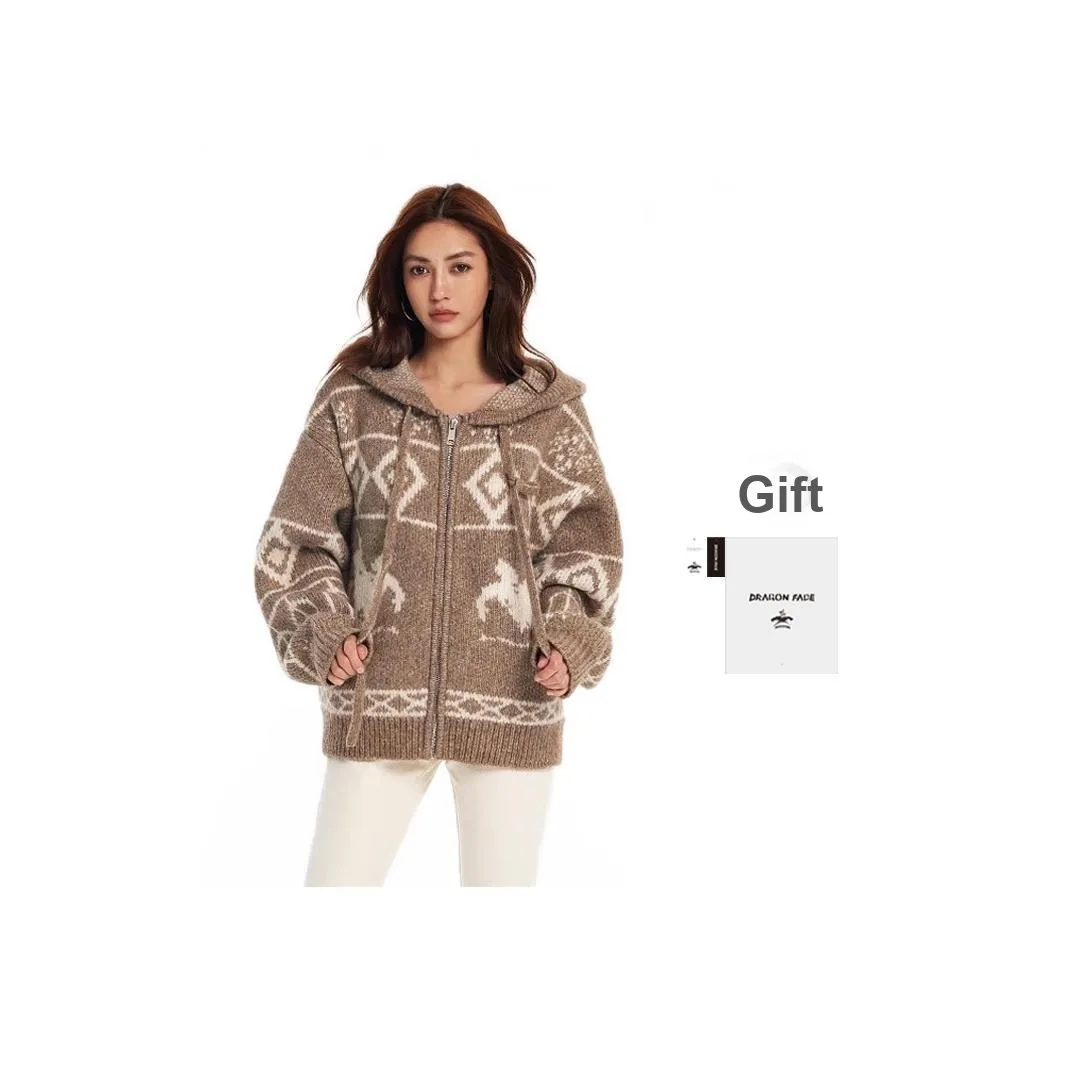 DRAGON FACE Knitwear Women's Beige Gray White With Light Blue Accents