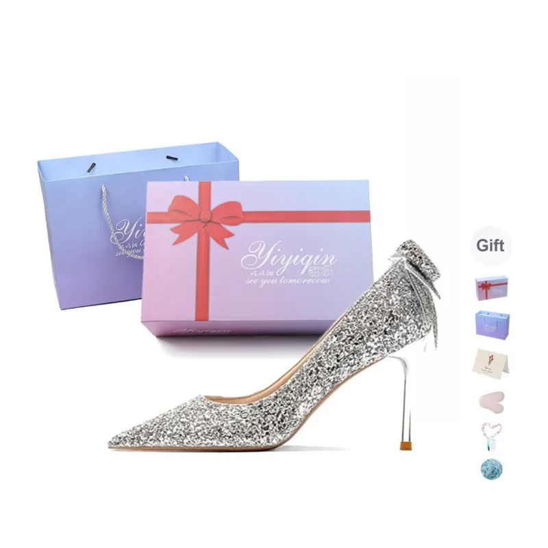 Take The Qin Slim Heel High Heels Women's Silver-15