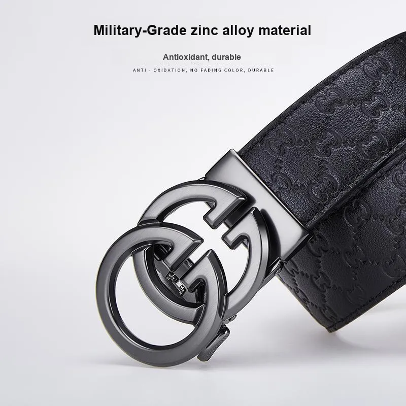 Jeccieziio Top Grain Cow Leather Automatic Buckle Belt Men's Gunmetal, Gold Width 3.5cm Gift Box Set-3