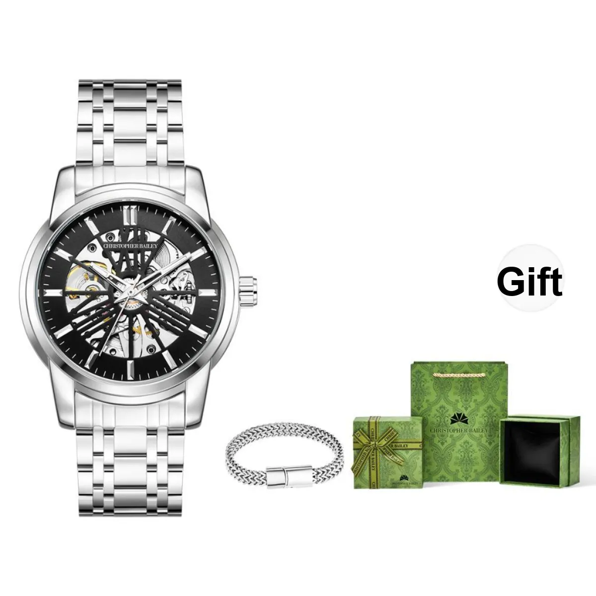Corriberty Mechanical Movement Stainless Steel Strap Watch Men's Watches Black Dial