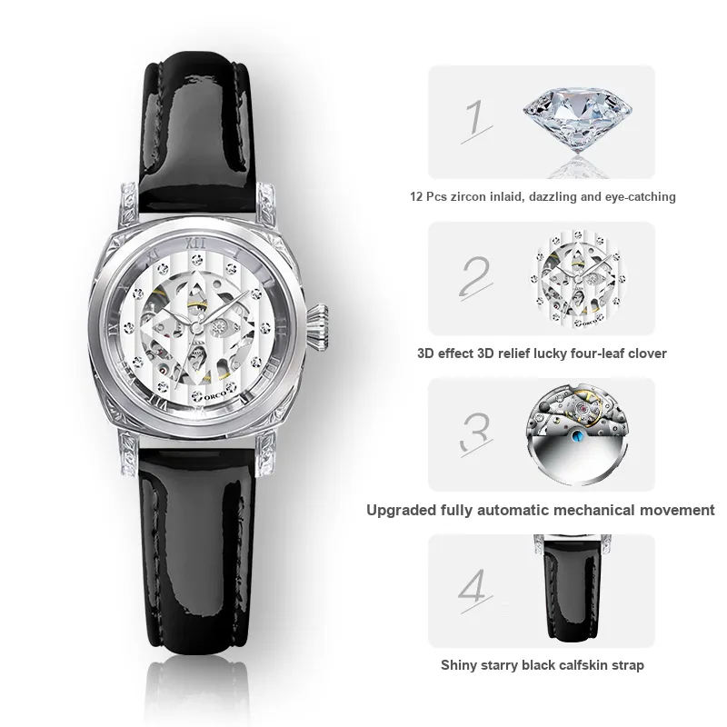 ORCO Automatic Mechanical Movement Cowhide Strap Watch Women's Watch White Dial-25