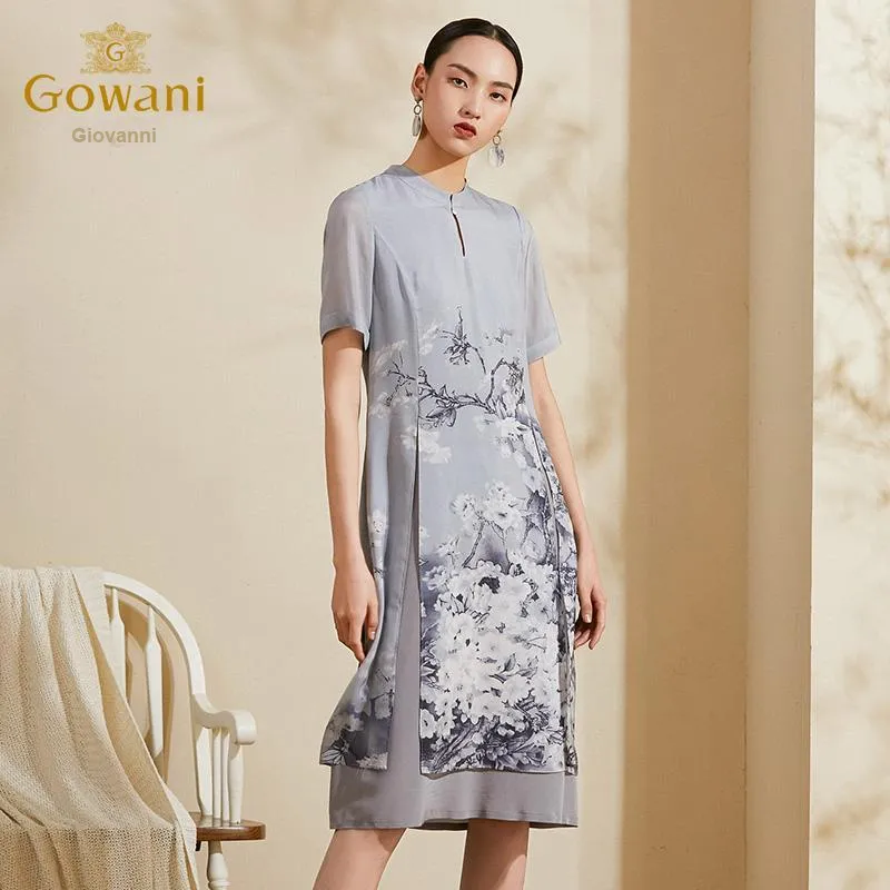 QIAOWANNI Short Sleeved Dress Women's Ink Wash Cherry Blossom-4