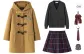 Camel Coat (Lining Padded)+Red Black Plaid Skirt, Comes with Free Cardigan+Tie+Badge