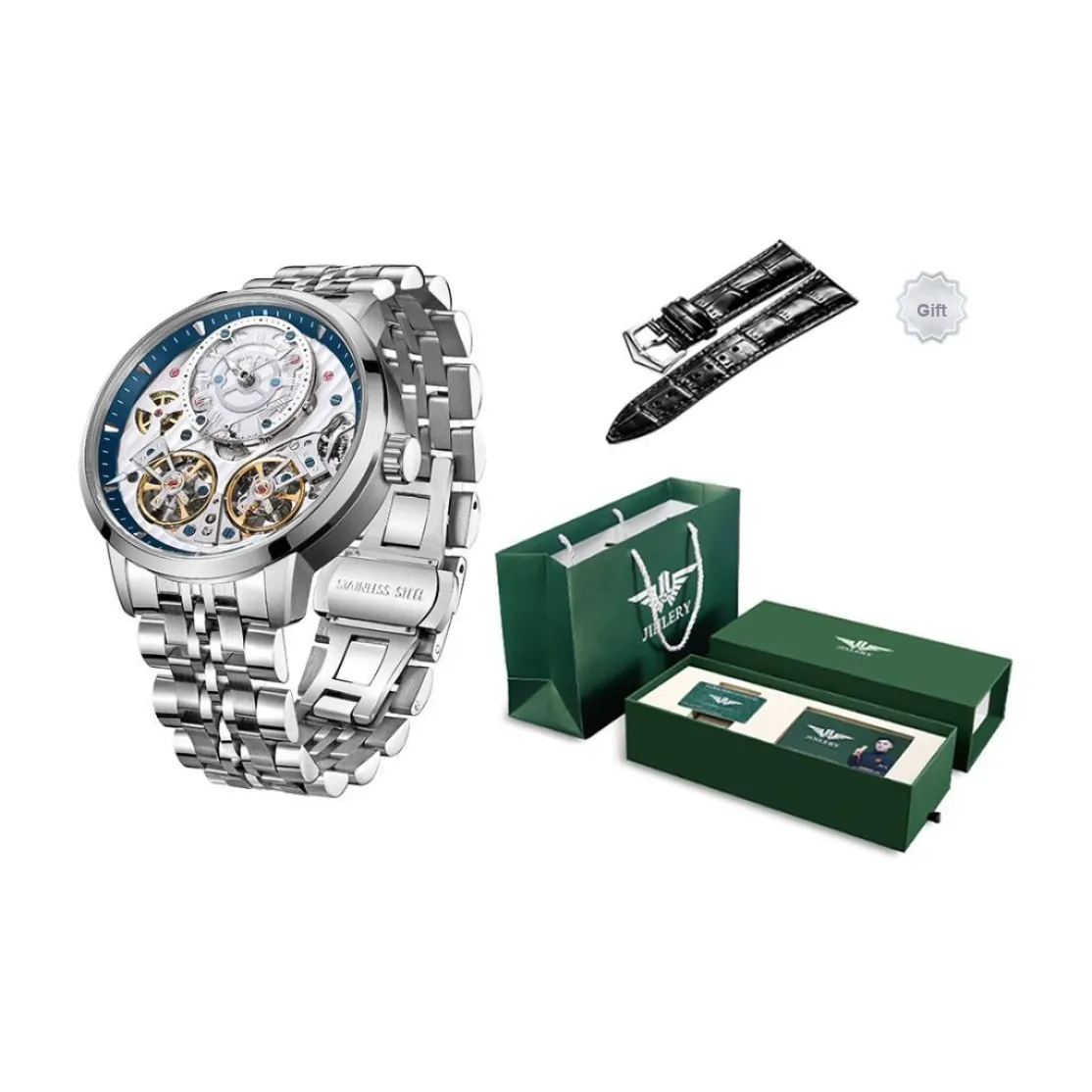 JINLERY Double Fly Reel Collection Automatic Mechanical Movement Watch Men's Watches Silver Dial