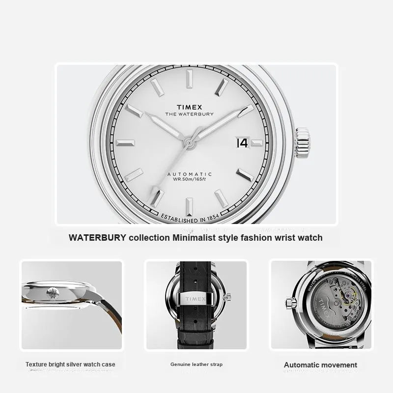 TIMEX Waterbury Collection Wrist Watch Automatic Mechanical Movement Genuine Leather Strap Black Dial Men's Watches-5