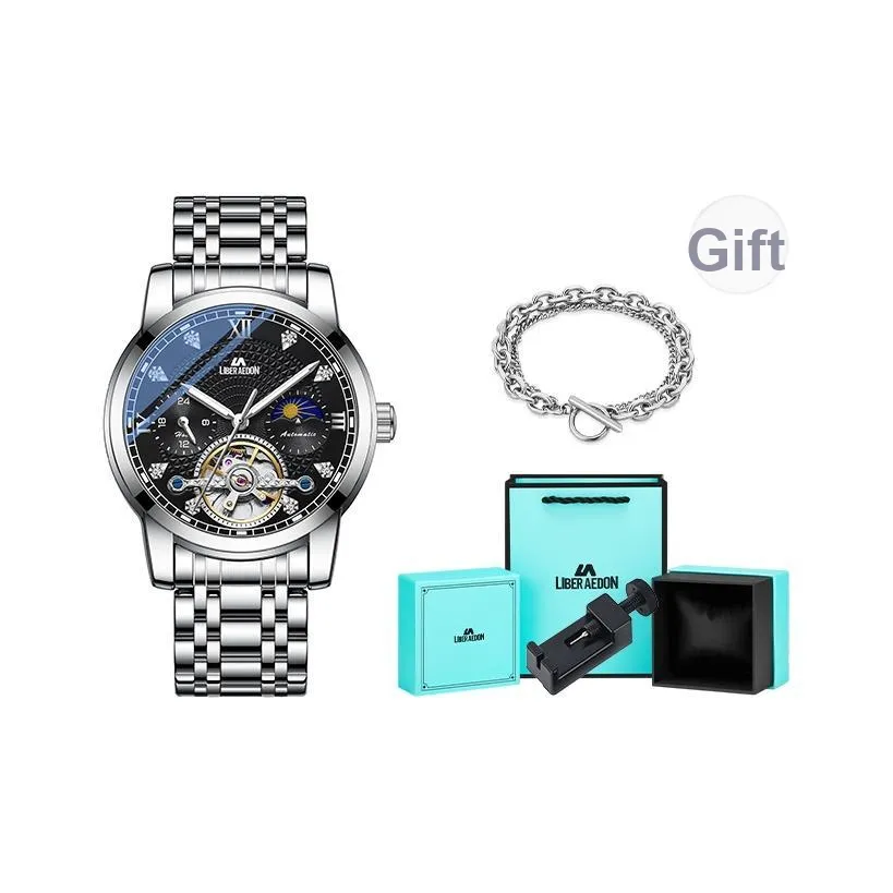 LIBER AEDON Механический механизм нержавеющая сталь ремешок серебристый циферблат мужские часы