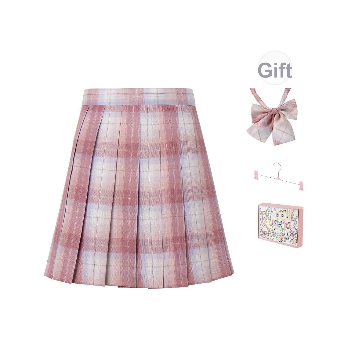 RIMUXINGHE [Персик Улун 43см] Клетчатая Юбка + Галстуки-бабочки Включает Вешалку + Коробку Женская Униформа