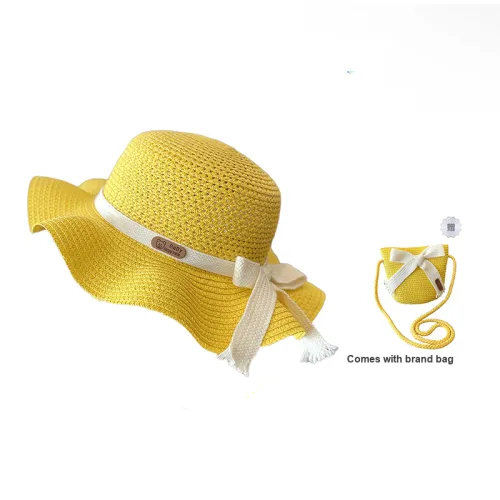 AAJF Straw Paper Sun Protection Straw Hat Bag Set For Girls-Princess Beach Girl Sun Bucket Hat Kids'