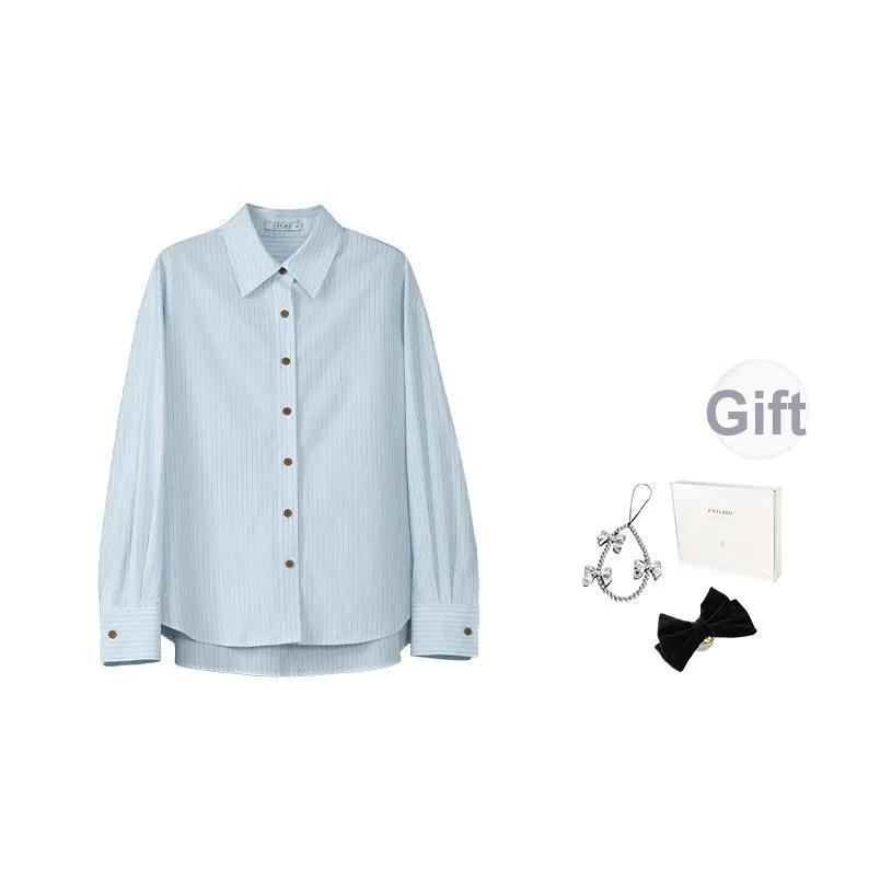 Fstudio Предосенний Корейский Преппи Стиль Полосы Минималистский Стиль Универсальный Длинный Рукав Рубашка Женская