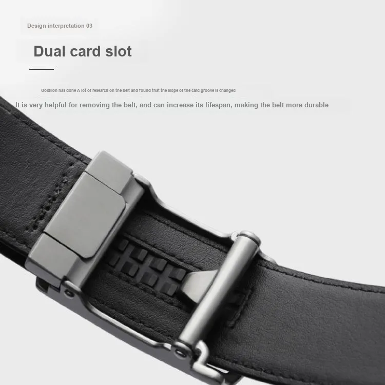GOLDLION Finely Engraved 3D Effect Logo Business Stainless Steel Buckle Top Layer Cow Leather Belts Men's Black 3.5cm-6