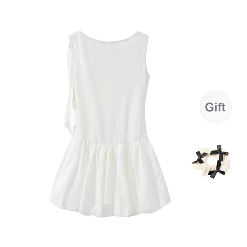 CPAURA Sleeveless Dress Women's White+Bowknot Hair Tie Comes With-1