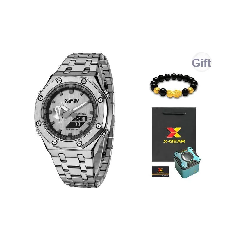 X Шестерня Farmhouse Дуб Ремонт Кварцевый механизм Ремесленный Ремешок из нержавеющей стали Часы Мужские Часы Серебристый циферблат