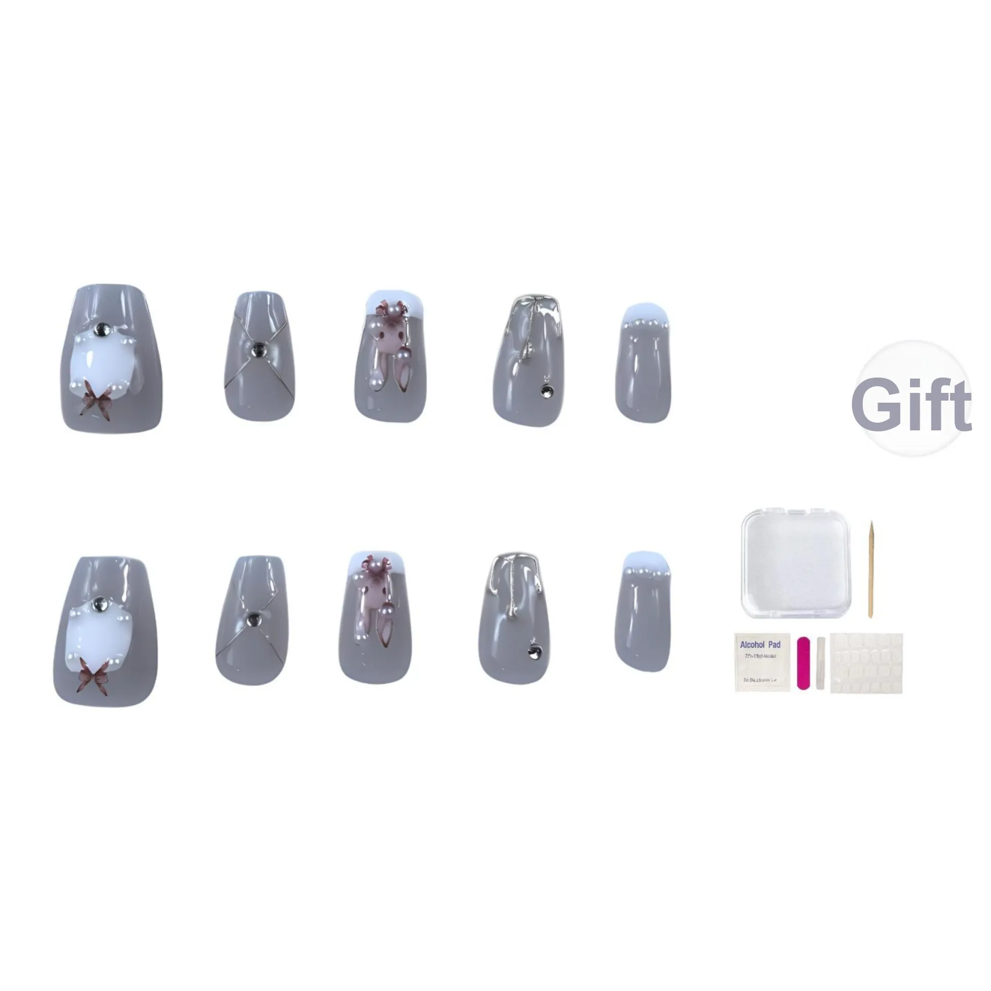 JIACHUN Hand Разрисованный Rococo Bunny False Nail Короткий LADDER 15 мм