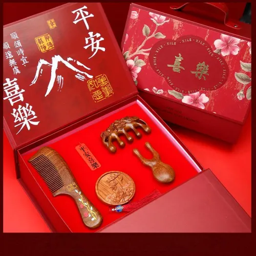 XIBI Red[Peaceful Joy]Sandalwood Health Care Comb Box With Meridian Massage Comb 4 Piece Set Straight Hair