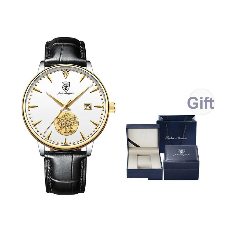 POEDAGAR Automatic Mechanical Movement Leather Strap Watch Men's Watches White Dial-3