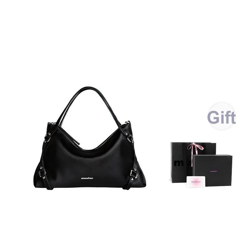 Muuluu Mercerized Satin One Shoulder Bag Medium Size Women's Black