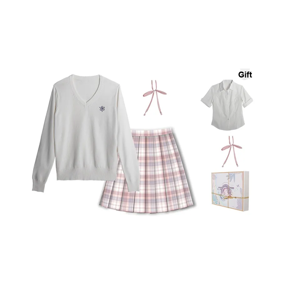 Набор Белый Свитер + Рубашка + Розовая Юбка + Галстук-бабочка Женская Униформа