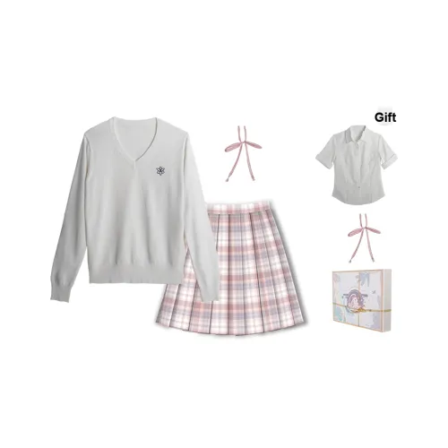 Набор Белый Свитер + Рубашка + Розовая Юбка + Галстук-бабочка Женская Униформа