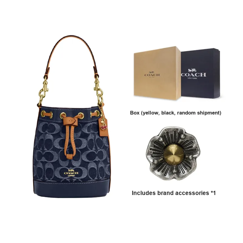 COACH Fabric With Cow Leather Bucket Bag, Shoulder Bag, Crossbody Bag, Handbag Mini Women's Denim Blue-8