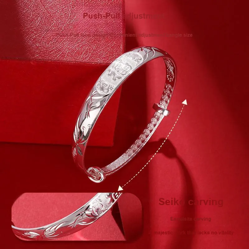 LAOYINJIANG Solid Slide Adjustable Blessing Character Mom Bangle Women's-4