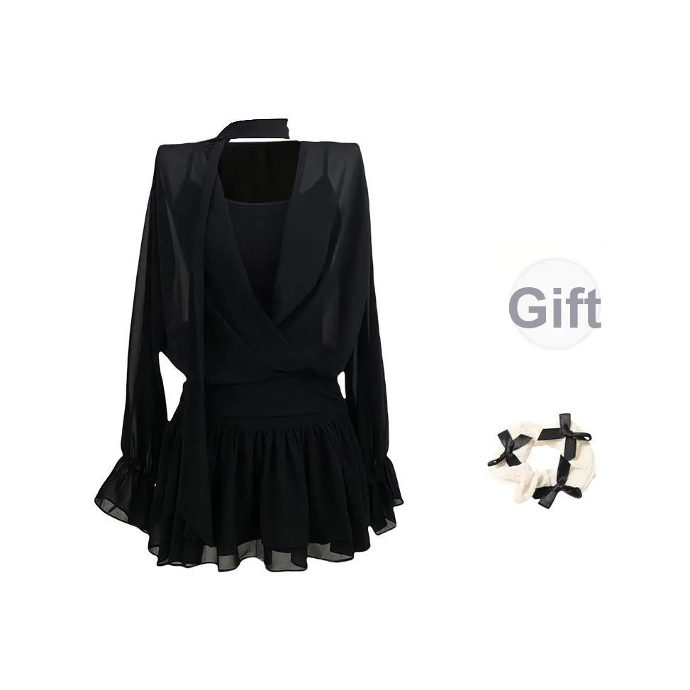 XUOIZA Длинное платье с длинными рукавами женское черное + резинка для волос с бантом в комплекте с подарками