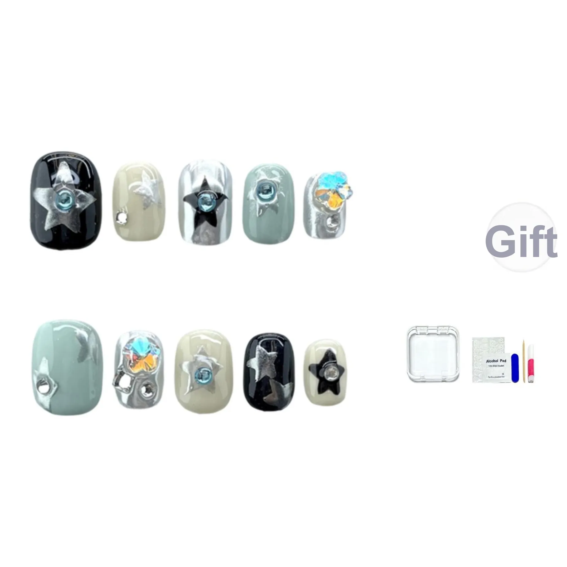 JINGCHANXUE Горячая девушка Стиль Y2K Ручная роспись Звезды False Nail Короткий Квадратный And Круглый Розово-синий Jump Цвет Мультяшный 12 мм