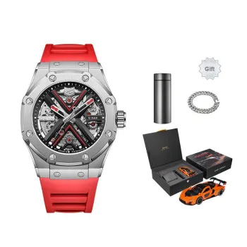 GEYA Engine Collection Automatic Mechanical Movement Silicone Strap Watch Men's Watches Cut Out Dial