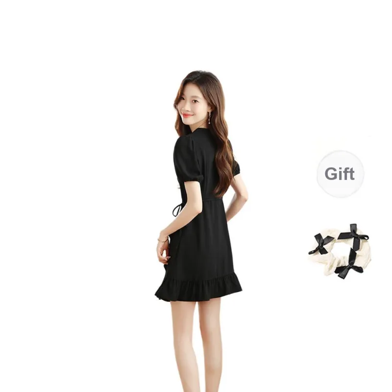 TORIGHT Short Sleeved Dress Women's Black+Bowknot Hair Tie Comes With-1