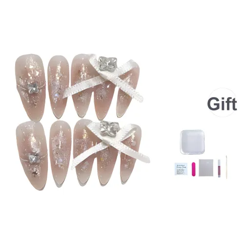 A Few More Cute Handcrafted False Nail Золотой Foil Shell Nail Art Bowknot Design Almond Nude Blush Stain Coquette