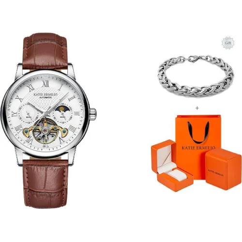 Katie Ermilio Wrist Watch Automatic Mechanical Movement Genuine Leather Strap White Dial Men's Watches