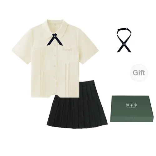 YuChaJia Uniforms Women's Yellow Shirts+Black Skirt With Bow Tie