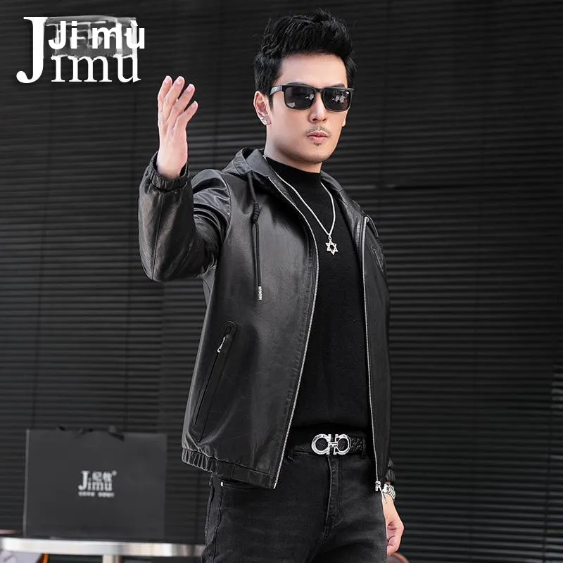 JIMU Haining Genuine Leather Jacket Men's Hooded Goatskin Jacket Slim Fit Cropped Motorcycle Jacket Trendy Coat Men's-3