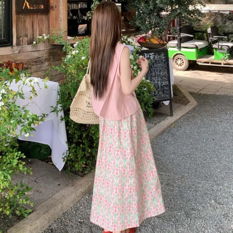 TURN UP Skirt Set Women's Clothing Sets Pink Green Two Piece Set+Bowknot Hair Tie Comes With-5